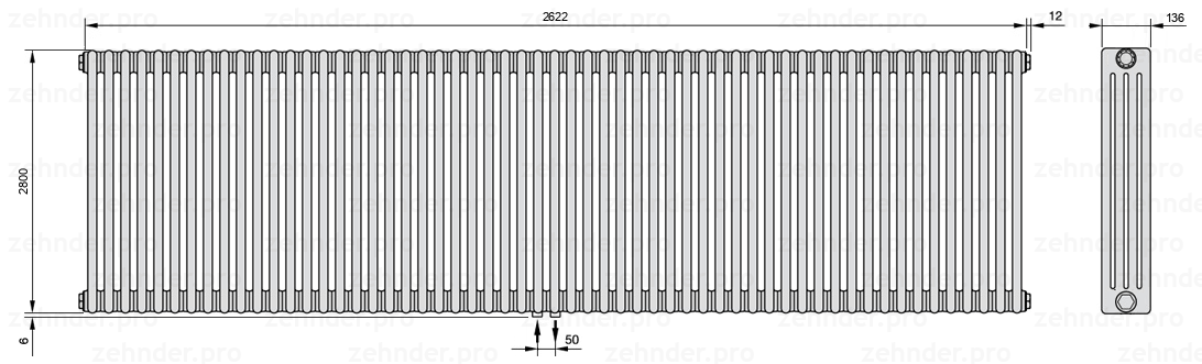 Схема (чертеж) Радиатор Zehnder Charleston 4280/57 №3470 Белый глянцевый RAL 9016
